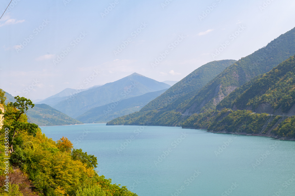 Zhivanli reservoir in Georgia against the backdrop of mountains