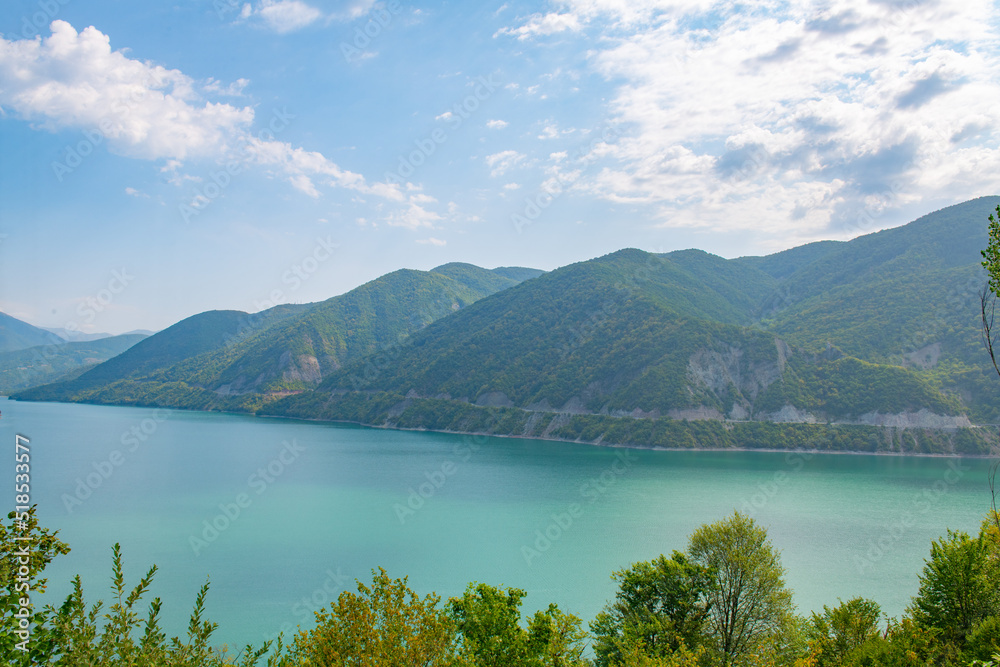 azure water at zhinvali reservoir in georgia