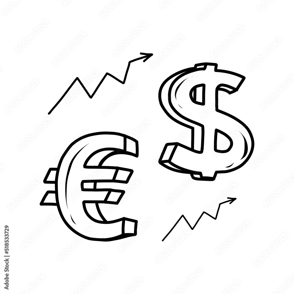 Euro and dollar doodle icon, isolated on a white background. Vector hand-drawn illustration of money signs Euro and dollar doodle icon, isolated on a white background. Vector hand-drawn illustration of money signs