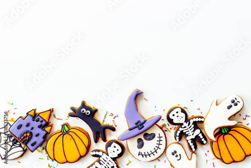 Funny halloween cookies and sweets flat lay  top view