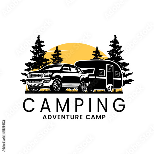 Vector logo of Double cabin car pulling caravan trailer with pine tree and sunset background, caravan trailer for adventure and seasonal camping.