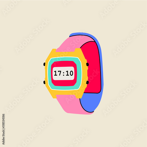 Classic nostalgic digital 80s 90s elements in modern style flat, line style. Hand drawn vector illustration of retro or vintage electronic wrist watches accessory. Fashion patch, badge, emblem, logo