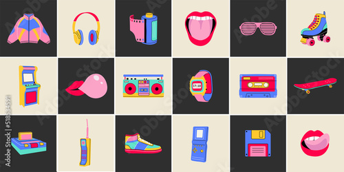 Classic 80s 90s elements in modern flat line style. Hand drawn vector illustration: jacket, cube, lips, headphones, roller skate, cassette, recorder, camera roll etc. Fashion patch, badge, emblem.