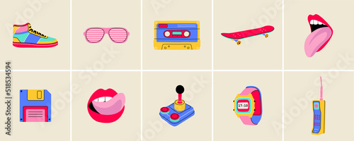 Classic 80s 90s elements in flat line style. Hand drawn vector illustration: skate board, cassette, sneaker, sunglasses, mouth with tongue, floppy disk, watches, phone. Fashion patch, badge, emblem.