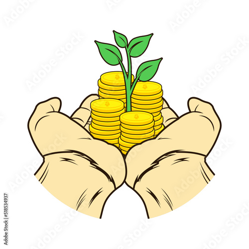 Hand giving coin of money with green plant in the hand, hand helping money photo