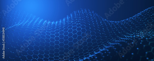 Abstract futuristic technology with polygonal shapes on dark blue background. Connection technologies backdrop, internet communication. Concept of Network. 3d render.