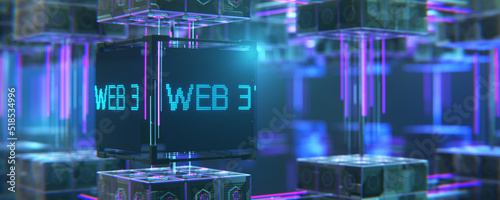Concept of decentralized internet. Wide banner. WEB 3 technology concept. WEB 3.0 3d rendering.