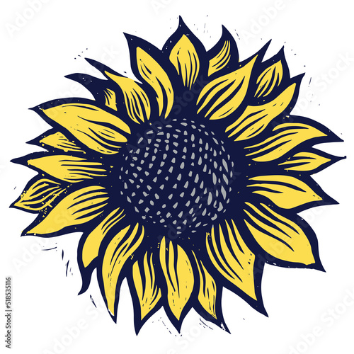 Lino print illustration of the Ukrainian blue-yellow sunflower flower