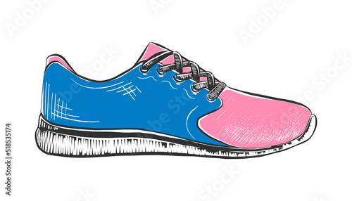 Vector engraved style illustration for posters, decoration and print. Hand drawn sketch of sneaker in colorful isolated on white background. Detailed vintage woodcut style drawing.