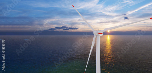 7640x4320. Ocean Wind Farm. Windmill farm in the ocean. Offshore wind turbines in the sea. Wind turbine from aerial view.