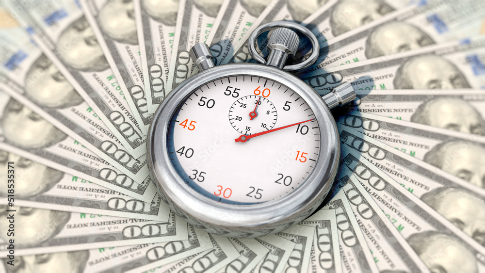 Time is money - Stoppuhr auf 100 US-Dollarnoten Time is money - Stoppuhr auf 100 US-Dollarnoten