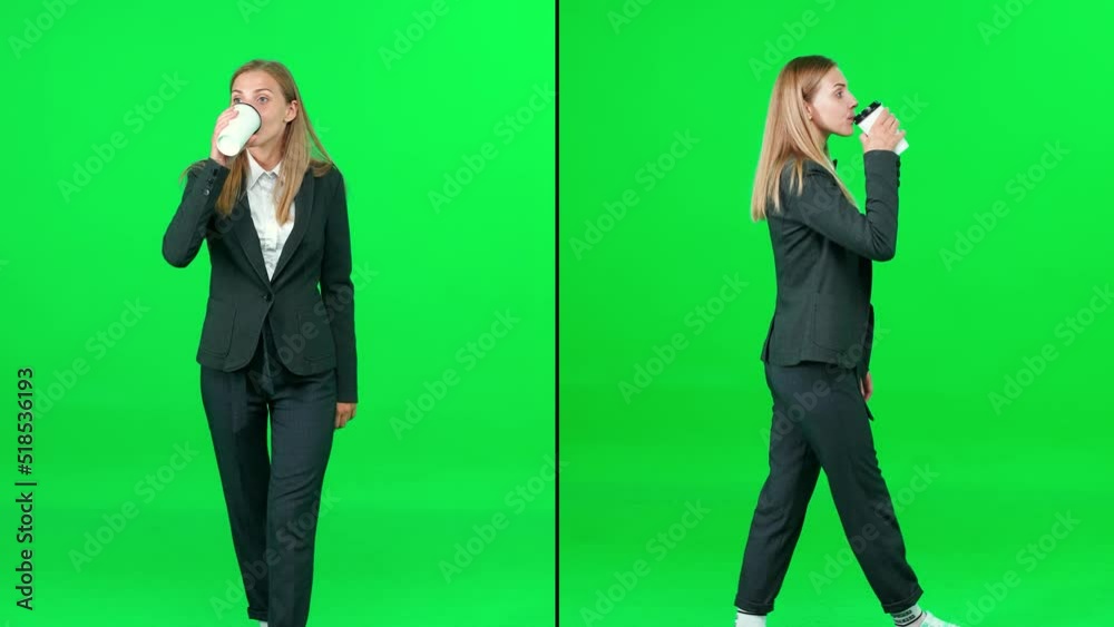 Businesswoman in a suit walking down the street and drinks coffee on a green background, passerby on a walk, split screen video from different angles, chroma key template. Businesswoman in a suit walking down the street and drinks coffee on a green background, passerby on a walk, split screen video from different angles, chroma key template.
