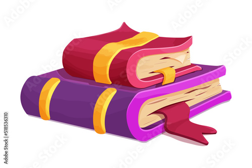 Stack magic book game icon, asset in cartoon style isolated on white background. Ancient, medieval spell book with gold decorations, study.