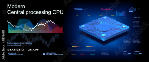 Realistic computer CPU chip. Powerful central processor in axonometric projection. New generation processor. Conceptual cyber banner with HUD elements