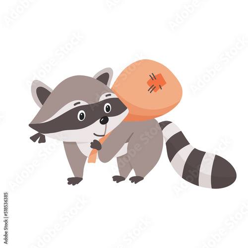 Funny character raccoon thief with bag and mask. Vector illustration isolated on white background