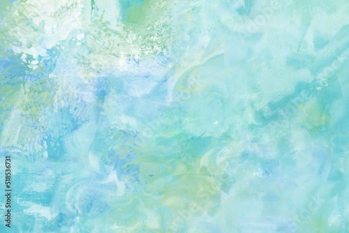 油絵抽象背景）パレットナイフペインティング・春 白 水色 黄緑 爽やか アート 絵の具