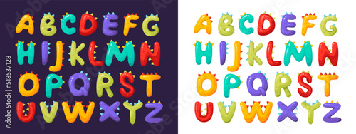 Children's alphabet, colorful and stylized font. Three-dimensional letters and numbers. Vector illustration