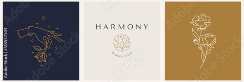 Elegant female hands. Olive tree branch, flowers, moon. Set of Abstract free hand drawn Vector illustrations. Logo design template for packaging, cosmetics, hand crafted stuff, beauty products etc.