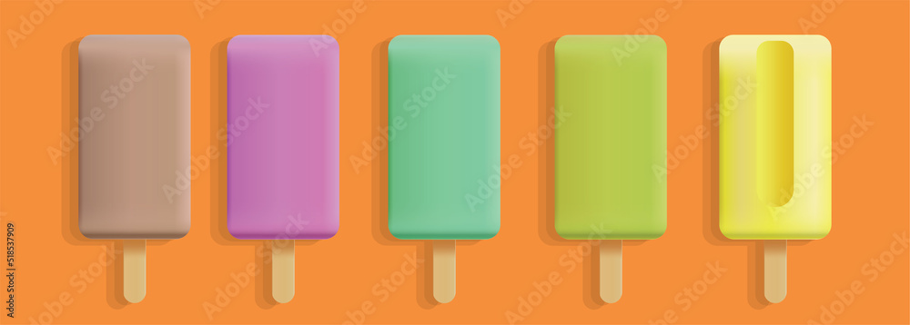 set of colorful ice cream on sticks against the orange background