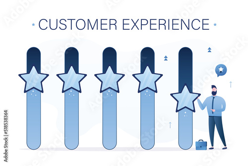 Customer experience. User moves sliders with stars and puts positive mark. Online survey. Star slider. Feedback, voting. Quality control. Testimonials, review concept.