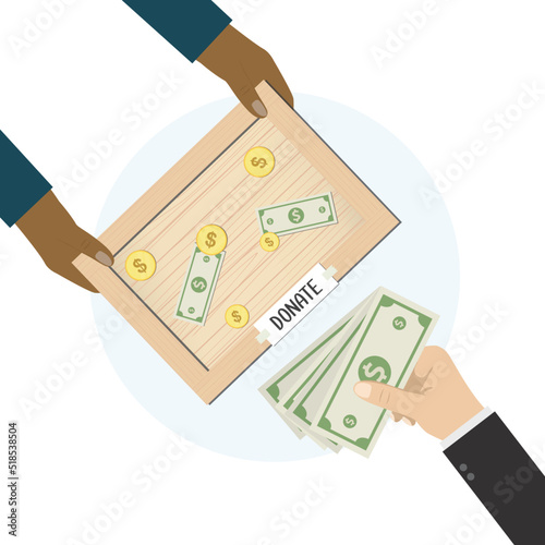 Volunteer hands holds wooden donation box. Social responsibility, man collects money for needy and refugees. Financial aid, support, helping hand, money in box. Human gives banknotes.