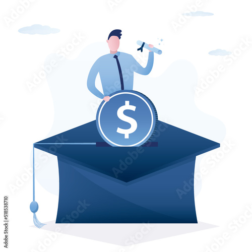 Smart student insert big dollar coin into mortarboard saving box while holding degree scroll. Education fund for college, saving for school or university tuition fee.