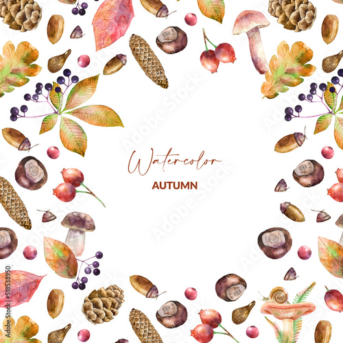 Template with watercolor illustrated mushrooms, leaves, berries, chestnuts and cones. Hand drawn fall elements. Autumn design for packaging, invitation and greeting card.