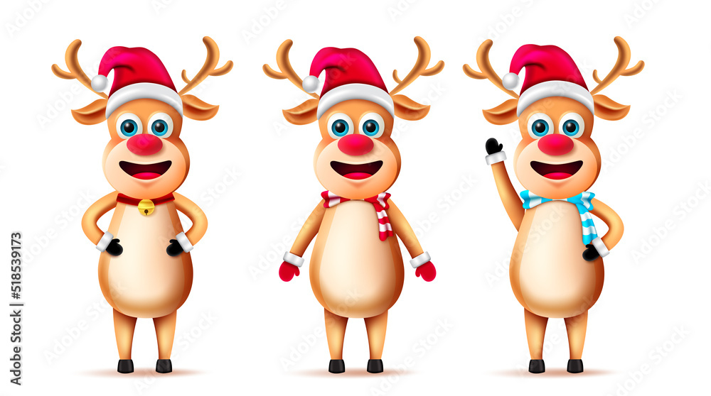 Reindeer christmas character set. Reindeers christmas characters in standing and waving pose and gestures with friendly deer facial expression for xmas collection design. Vector illustration.
