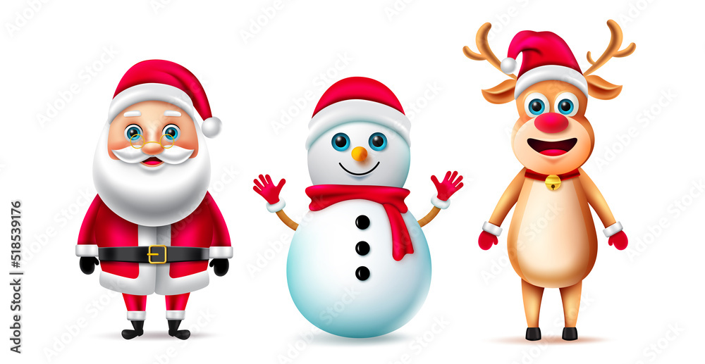Christmas characters vector set. Christmas character like santa claus, snow man and reindeer in standing pose and gestures with cute facial expression for xmas holiday season 3d collection design. 
