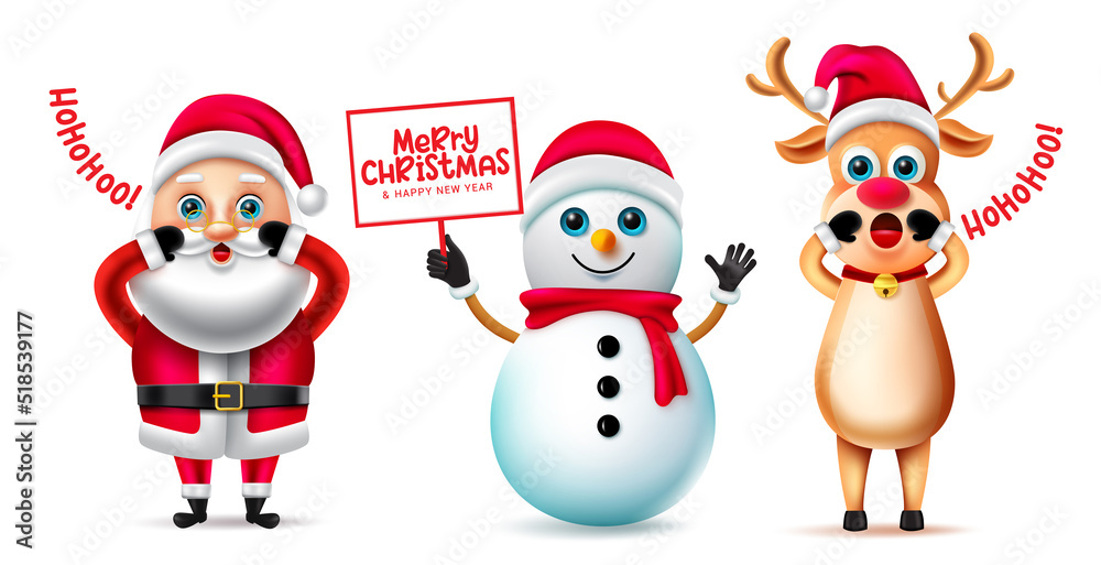 Christmas characters vector set. Christmas character like santa claus, reindeer and snowman holding banner with merry christmas greeting message for xmas season collection design. Vector illustration.