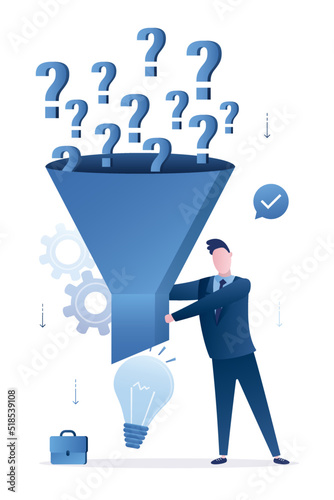 Solving problem, brainstorming, problems research and discover new idea, creativity to answer questions, smart businessman with funnel or filter to get solution from question mark.