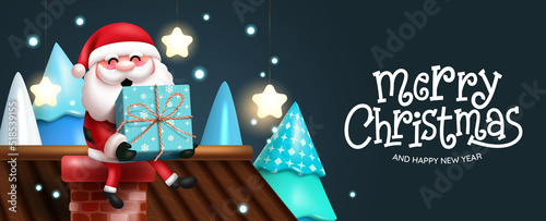 Christmas gift giving vector design. Merry christmas text with santa claus character in chimney roof holding gift element for xmas eve celebration. Vector illustration.

