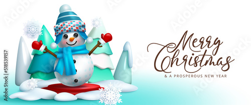 Christmas snowman greeting vector design. Merry christmas typography text with cute and happy snow man character and fir tree outdoor elements for winter holiday season. Vector illustration.
