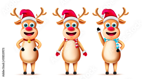 Reindeer christmas character set. Reindeers christmas characters in standing and waving pose and gestures with friendly deer facial expression for xmas collection design. Vector illustration.
