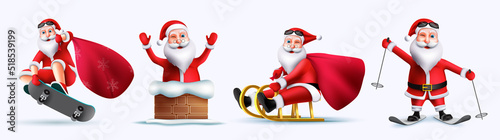 Santa claus character vector set. Santa claus 3d playful characters in skating, riding sled and skateboard isolated in white background for xmas person collection design. Vector illustration.
