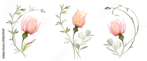 Watercolor bouquets. Set of three floral arrangements. Bright transparent roses in abstract style. Pastel colour flowers with tender eucalyptus branches. Floral hand-painted illustrations