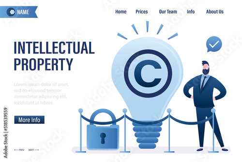 Intellectual property, landing page template. Smart male author with copyright sign in glowing light bulb. Copyright protection, prohibition of copying and use of trademark.