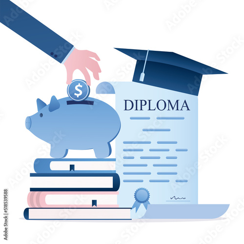 Big hand puts money into piggy bank. Invest in your education. Diploma of higher education. Accumulation of finances to pay for studies, entrance fee or courses. Money saving.