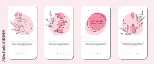 Nail studio or salon icon set for mobile apps, social media posts and stories. Beautiful female hands, color samples nail polish. Vector illustrations