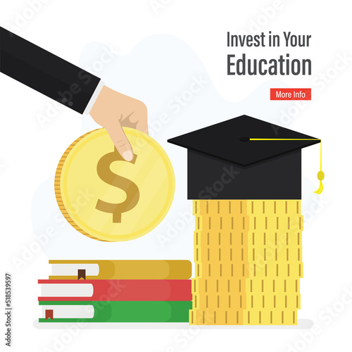 Big hand holds big dollar coin, graduate hat on money stack. Education fund for college, saving for school or university tuition fee. Investment in education, concept.