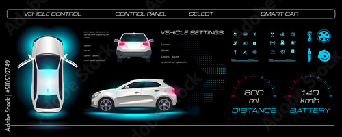 Automotive interface. Realistic car with navigation and options on a holographic digital control panel. Vehicle maintenance settings with HUD elements © PALERM089