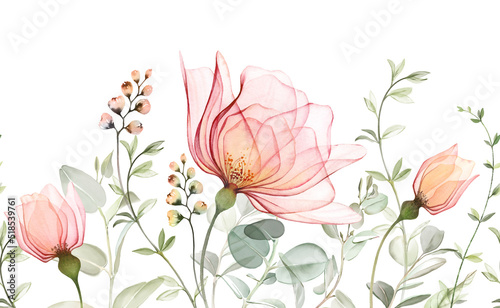 Watercolor seamless border with roses. Floral arrangement of peach flowers, buds and eucalyptus leaves. Big horizontal banner. Transparent abstract hand drawn illustration