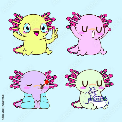 cute axolotl sticker vector set