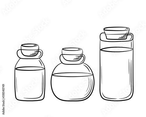 A set of glass jars of various shapes with cork plugs. Hand-drawn balloon with lid in line style. Isolated vector illustration.