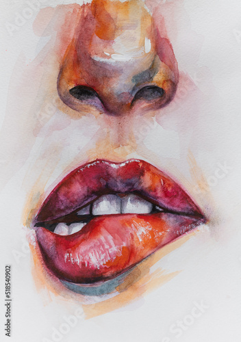 Fototapeta Naklejka Na Ścianę i Meble -  Handmad conceptual abstract picture of the nose and lips. Watercolor female portrait painting. Painting in colorful colors. Conceptual abstract closeup of watercolor paint and brush on paper.