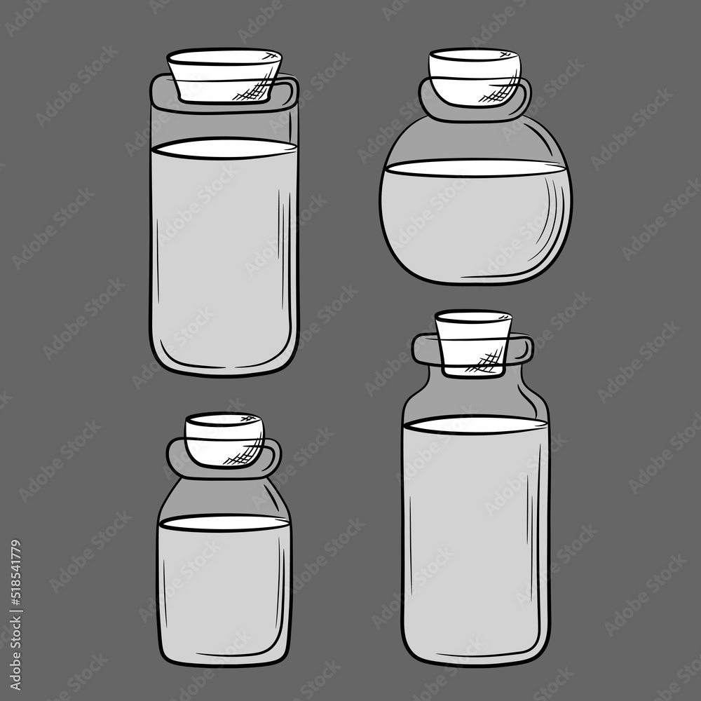 Composition of glass jars of different shapes with cork plugs. Hand