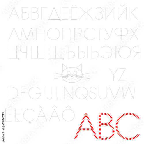 Vector alphabet french english russian dotted lines ball stripes for kids writing