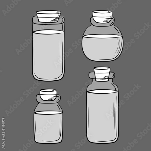 Composition of glass jars of different shapes with cork plugs. Hand drawn balloons with translucent layers. Isolated vector illustration.
