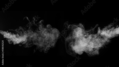 White horizontal smoke collection on black background. Fog or smoke set isolated on black background.