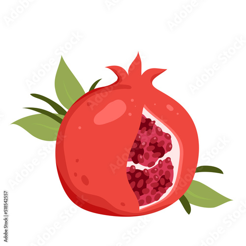 Pomegranate, red fresh juicy fruit with green leaves vector illustration. Cartoon isolated open sweet garnet with ruby seeds and skin, healthy food ingredient and vegan vitamin dessert to taste